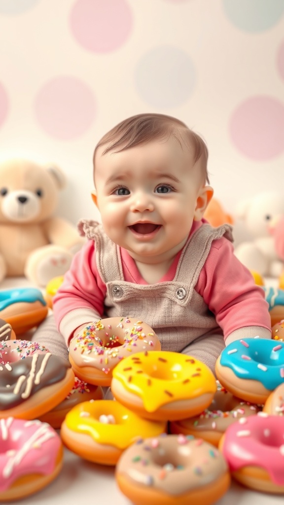 An 8-month-old baby surrounded by colorful donuts, smiling happily during a photoshoot.